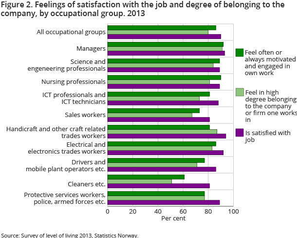 Figure 2. Feelings of satisfaction with the job and degree of belonging to the company, by occupational group. 2013