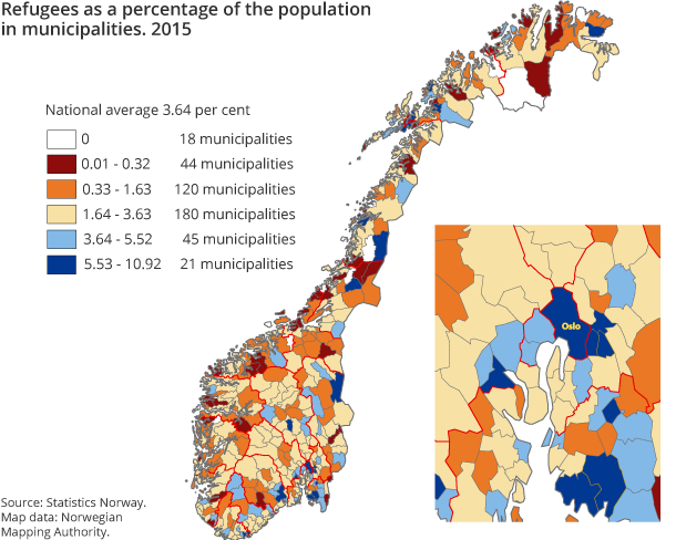 Refugees as a percentage of the population in municipalities. 2015