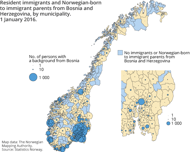 Figure 3. Resident immigrants and Norwegian-born to immigrant parents from Bosnia and Herzegovina, by municipality. 1 January 2016 Figure 3. Resident immigrants and Norwegian-born to immigrant parents from Bosnia and Herzegovina, by municipality. 1 January 2016