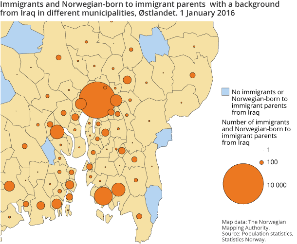 Figure 5. Persons with a background from Iraq in different municipalities, Østlandet. 1 January 2016