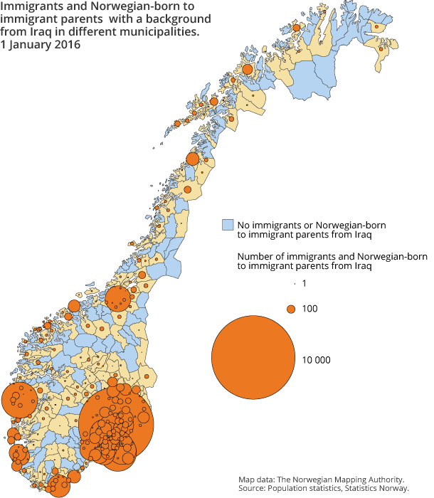 Figure 4. Persons with a background from Iraq in different municipalities. 1 January 2016 Figure 4. Persons with a background from Iraq in different municipalities. 1 January 2016