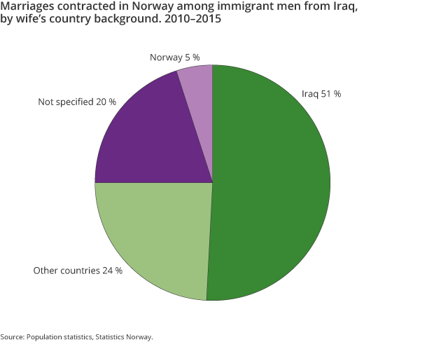 Figure 8. Marriages contracted in Norway among immigrant men from Iraq, by wife’s country background. 2010–2015 Figure 8. Marriages contracted in Norway among immigrant men from Iraq, by wife’s country background. 2010–2015