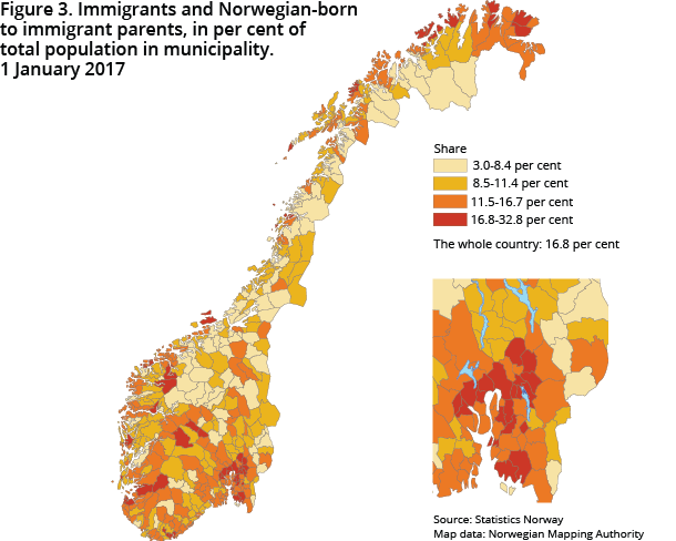 Figure 3. Immigrants and Norwegian-born to immigrant parents, in per cent of total population in municipality. 1 January 2017
