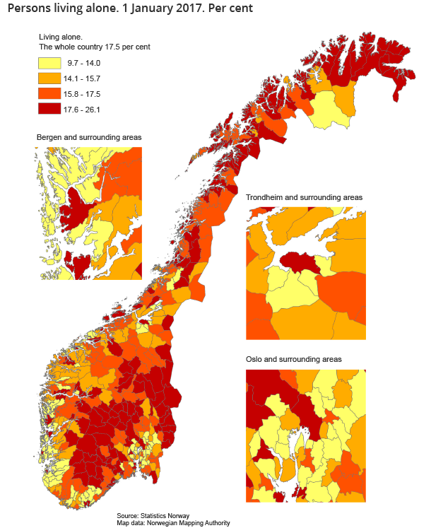 Figur 2. Persons living alone. 1 January 2017. Per cent Figur 2. Persons living alone. 1 January 2017. Per cent