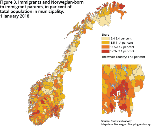 Figure 3. Immigrants and Norwegian-born to immigrant parents, in per cent of total population in municipality. 1 January 2018