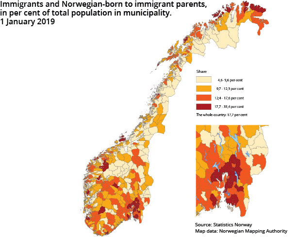 Figure 2. Immigrants and Norwegian-born to immigrant parents, in per cent of total population in municipality. 1 January 2019