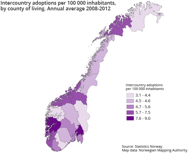 Intercountry adoptions per 100 000 inhabitants, by county of living. Annual average 2008-2012 Intercountry adoptions per 100 000 inhabitants, by county of living. Annual average 2008-2012