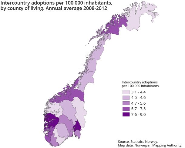 Intercountry adoptions per 100 000 inhabitants, by county of living. Annual average 2008-2012