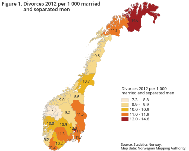 Figure 1. Divorces 2012 per 1 000 married and separated men