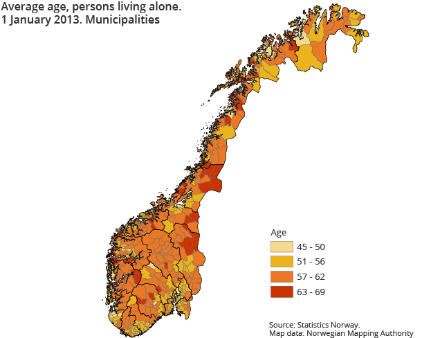 Average age, persons living alone. 1 January 2013. Municipalities