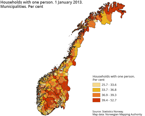 Households with one person. 1 January 2013. Municipalities. Per cent