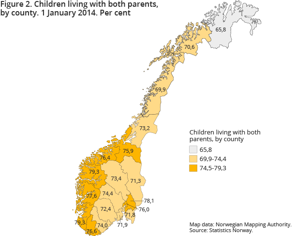 Figure 2. Children living with both parents, by county. 1 January 2014. Per cent Figure 2. Children living with both parents, by county. 1 January 2014. Per cent
