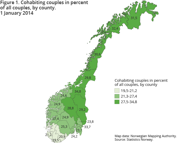 Figure 1. Cohabiting couples in percent of all couples, by county. 1 January 2014