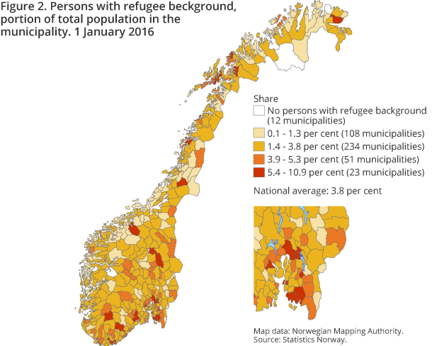 Figure 2. Persons with refugee beckground, portion of total population in the municipality. 1 January 2016 Figure 2. Persons with refugee beckground, portion of total population in the municipality. 1 January 2016