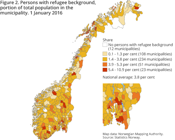 Figure 2. Persons with refugee beckground, portion of total population in the municipality. 1 January 2016