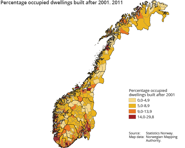 Percentage occupied dwellings built after 2001. 2011