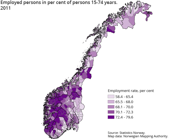 Employed persons in per cent of persons 15-74 years.  2011