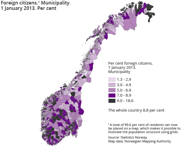 Foreign citizens. Municipality. Per cent. 1 January 2013