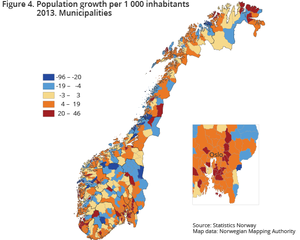 Figure 4. Population growth per 1 000 inhabitants 2013. Municipalities