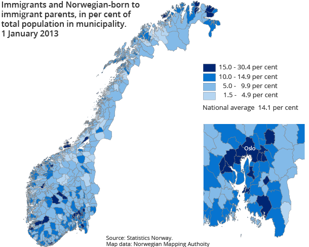 Immigrants and Norwegian-born to immigrant parents, in per cent of total population in municipality. 1 January 2013 Immigrants and Norwegian-born to immigrant parents, in per cent of total population in municipality. 1 January 2013