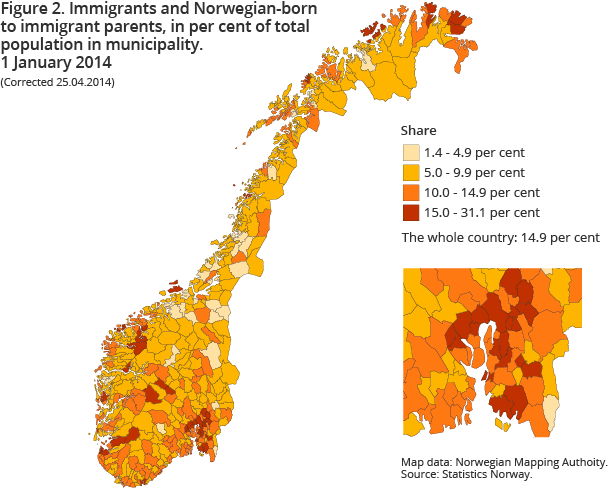 Figure 2. Immigrants and Norwegian-born to immigrant parents, in per cent of total population in municipality. 1 January 2014