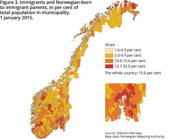 Figure 3. Immigrants and Norwegian-born to immigrant parents, in per cent of total population in municipality. 1 January 2015