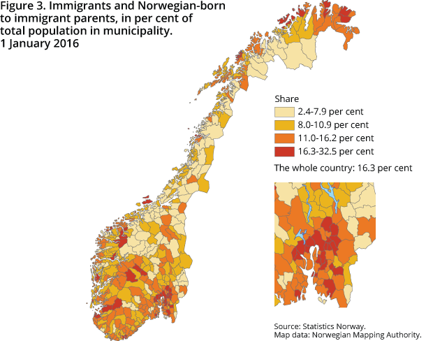 Figure 3. Immigrants and Norwegian-born to immigrant parents, in per cent of total population in municipality. 1 January 2016