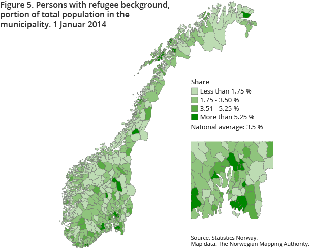 Figure 5. Persons with refugee beckground, portion of total population in the municipality. 1 January 2014