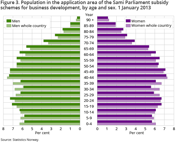 Figure 3. Population in the application area of the Sami Parliament subsidy schemes for business development, by age and sex. 1 January 2013