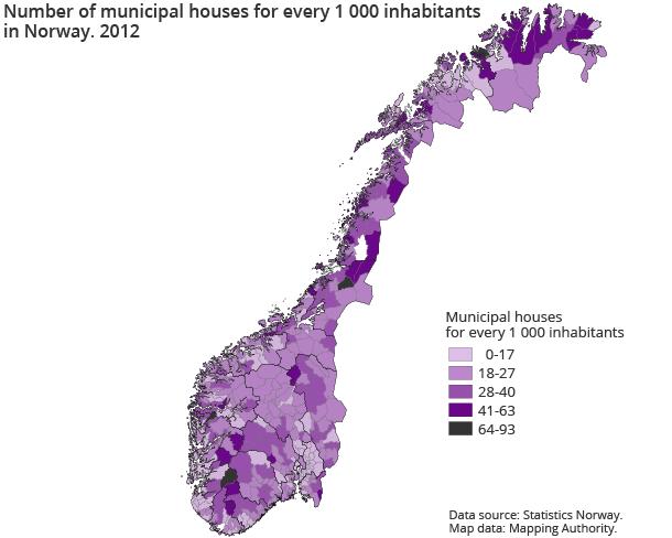 Number of municipal houses for every 1 000 inhabitantsin Norway. 2012 Number of municipal houses for every 1 000 inhabitantsin Norway. 2012