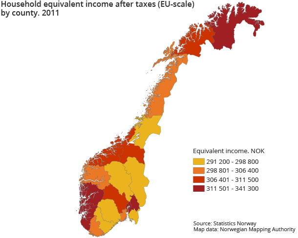 Household equivalent income after taxes (EU-scale) by county. 2011