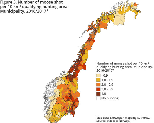Figure 3. Number of moose shot per 10 km² qualifying hunting area. Municipality. Preliminary figures. 2016/2017 Figure 3. Number of moose shot per 10 km² qualifying hunting area. Municipality. Preliminary figures. 2016/2017