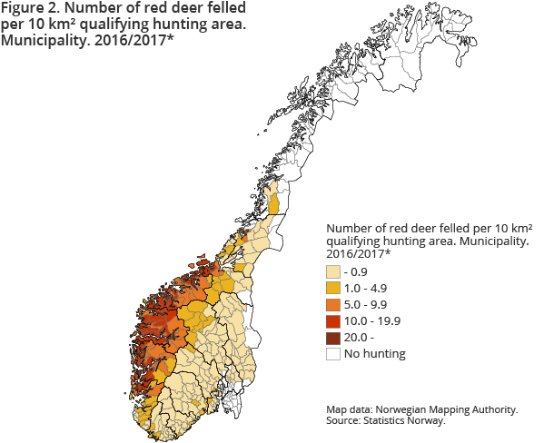 Figure 2. Number of red deer felled per 10 km² qualifying hunting area. Municipality. Preliminary figures. 2016/2017