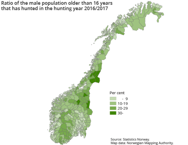 Figure 4. Ratio of the male population older than 16 years that has hunted in the hunting year 2016/2017