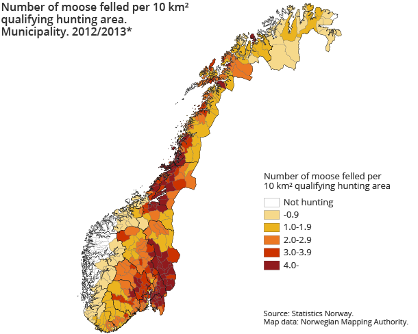 Number of moose felled per 10 km² qualifying hunting area. Municipality. 2012/2013* Number of moose felled per 10 km² qualifying hunting area. Municipality. 2012/2013*