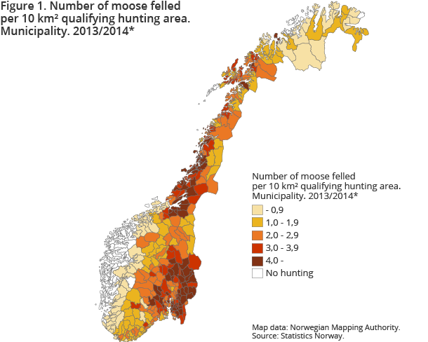 Number of moose felled per 10 km² qualifying hunting area. Municipality. 2013/2014*