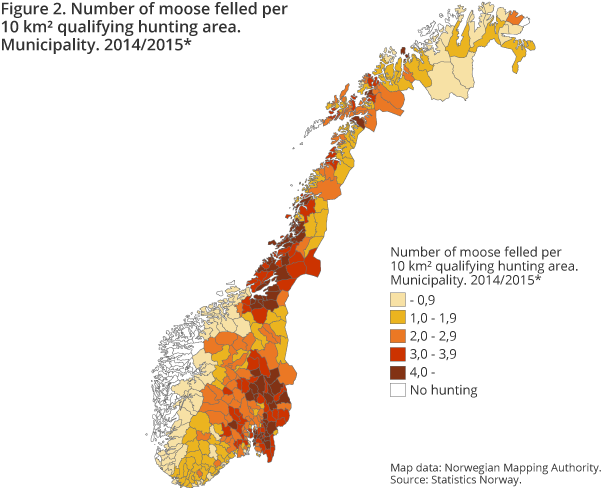 Figure 2. Number of moose felled per 10 km² qualifying hunting area. Municipality. 2014/2015*