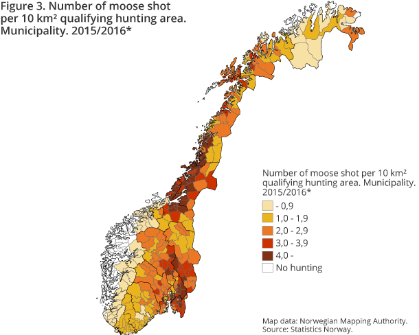 Figure 3. Number of moose shot per 10 km² qualifying hunting area. Municipality. 2015/2016*