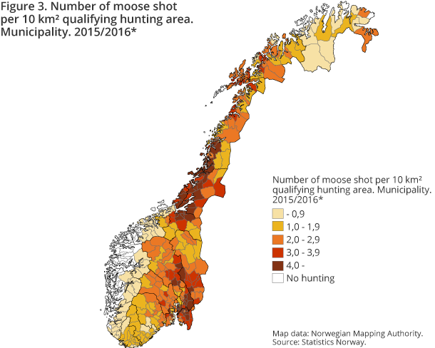 Figure 3. Number of moose shot per 10 km² qualifying hunting area. Municipality. 2015/2016* Figure 3. Number of moose shot per 10 km² qualifying hunting area. Municipality. 2015/2016*