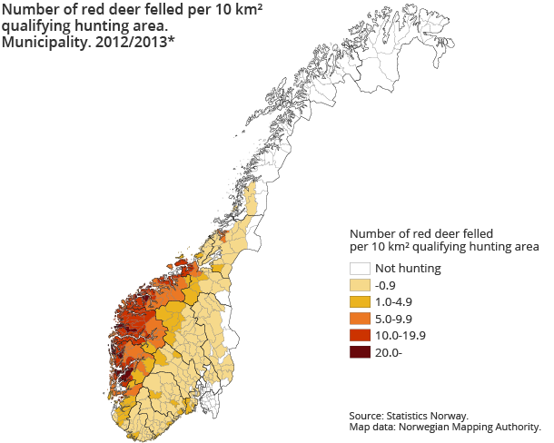 Number of red deer felled per 10 km² qualifying hunting area. Municipality. 2012/2013* Number of red deer felled per 10 km² qualifying hunting area. Municipality. 2012/2013*