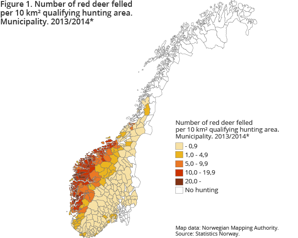 Figure 1. Number of red deer felled per 10 km² qualifying hunting area. Municipality. 2013/2014*