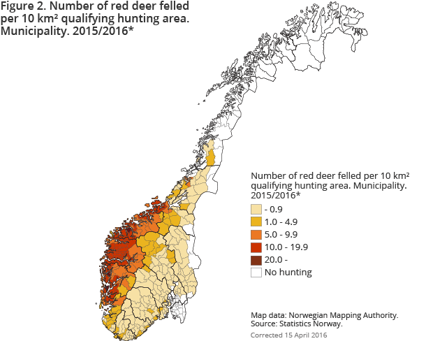 Figure2. Number of red deer felled per 10 km² qualifying hunting area. Municipality. 2015/2016* Figure2. Number of red deer felled per 10 km² qualifying hunting area. Municipality. 2015/2016*