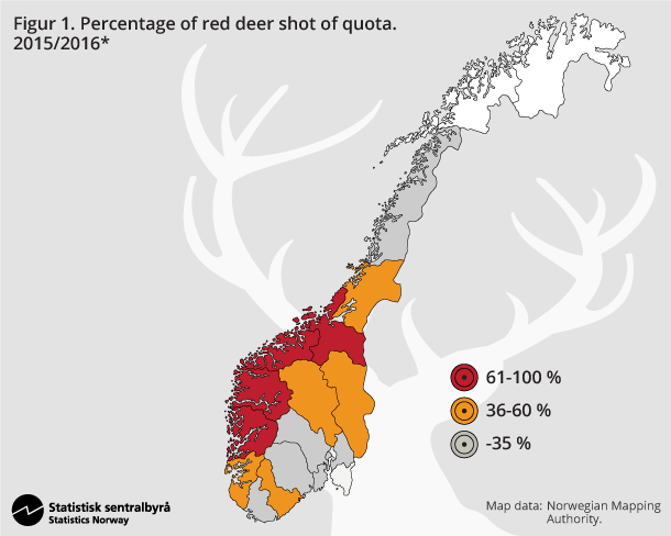 Figur 1. Percentage of red deer shot of quota. 2015/2016* Figur 1. Percentage of red deer shot of quota. 2015/2016*