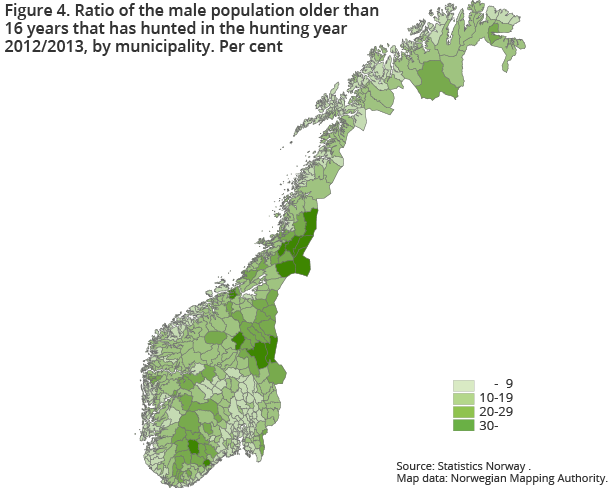 Ratio of the male population older than 16 years that has hunted in the hunting year 2012/2013, by municipality. Per cent