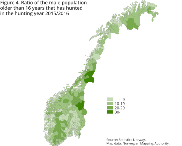 Figure 4. Ratio of the male population older than 16 years that has hunted in the hunting year 2015/2016 Figure 4. Ratio of the male population older than 16 years that has hunted in the hunting year 2015/2016