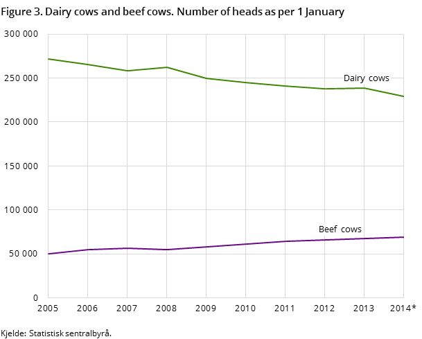 Figure 3. Dairy cows and beef cows. Number of heads as per 1 January