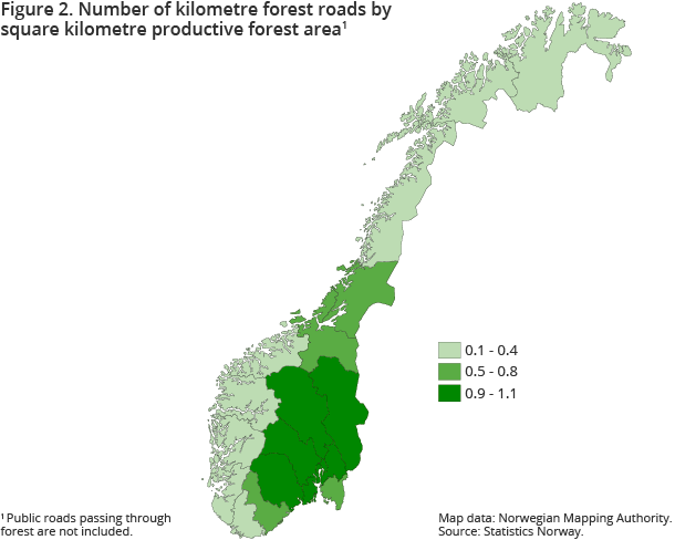 Figure 2. Number of kilometre forest roads by square kilometre productive forest area Figure 2. Number of kilometre forest roads by square kilometre productive forest area