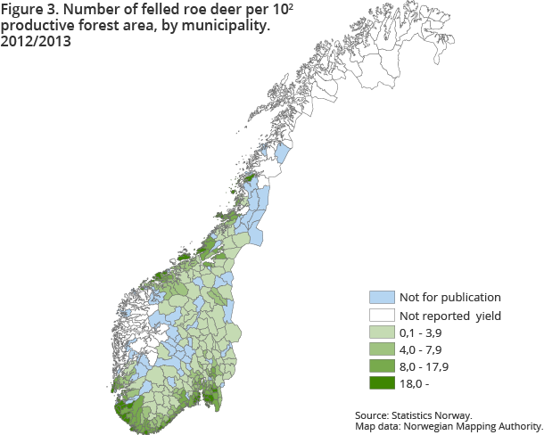 Figure 3. Number of felled roe deer per 102 productive forest area, by municipality. 2012/2013