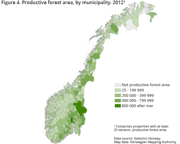 Map showing the size off productive forest area in each municipality.