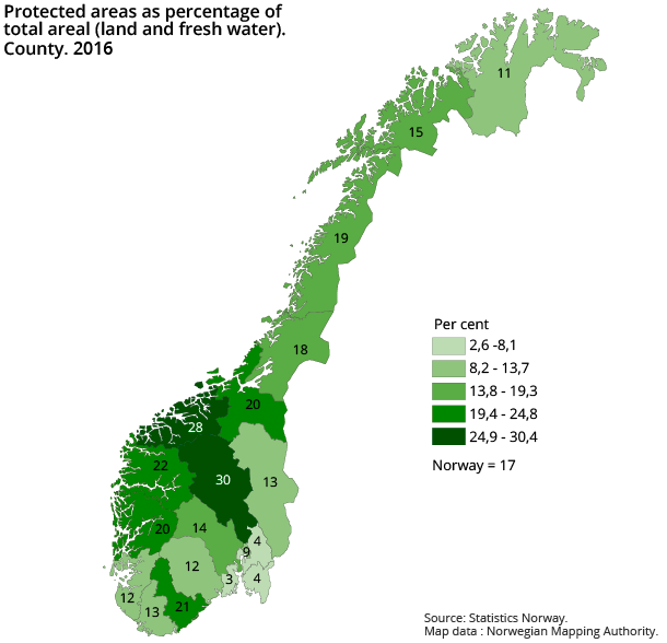 Protected areas as percentage oftotal areal (land and fresh water).County. 2016